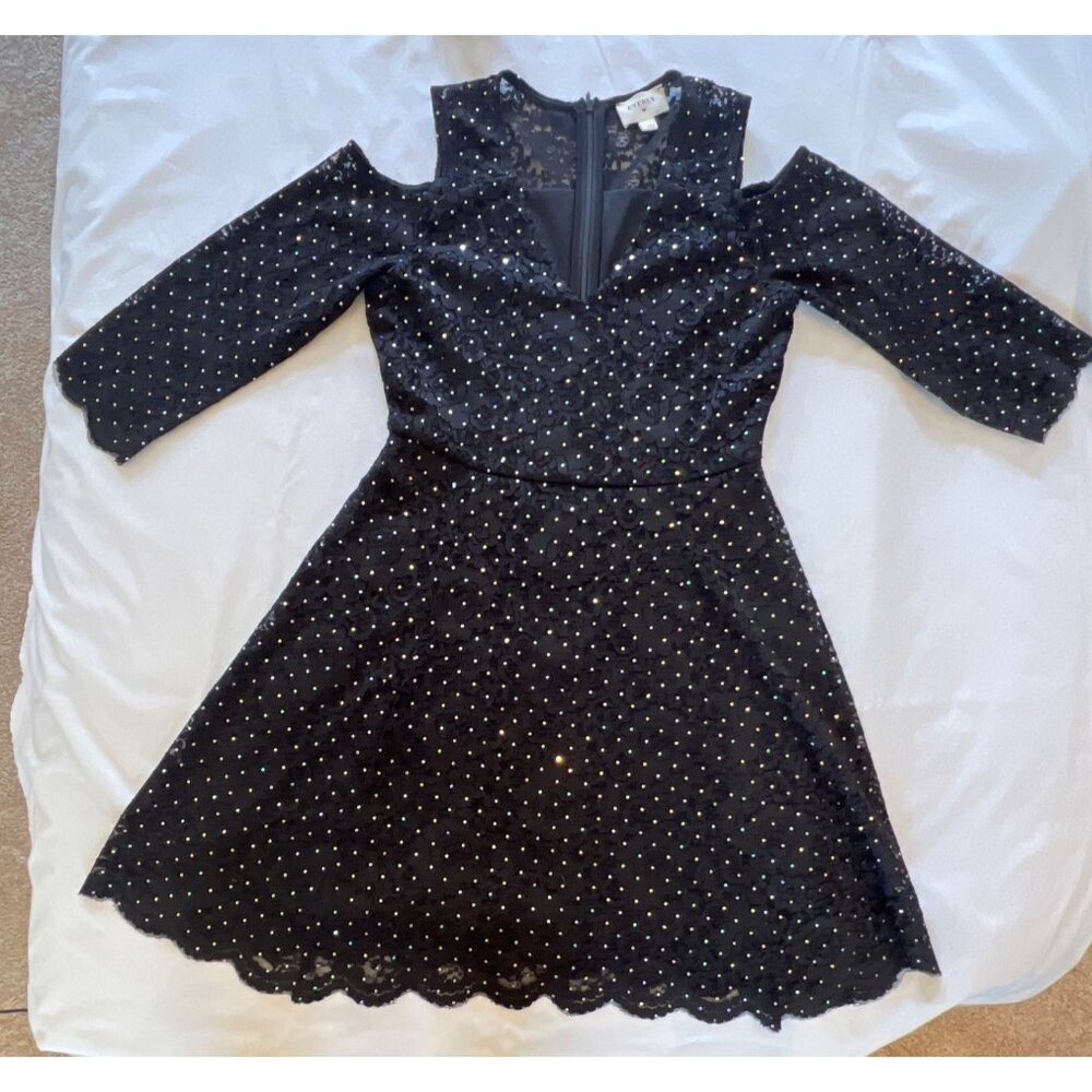 Black Lace Cold Shoulder Dress With Rhinestone Detail Scalloped Hem & Zipper Clo - Picture 1 of 6